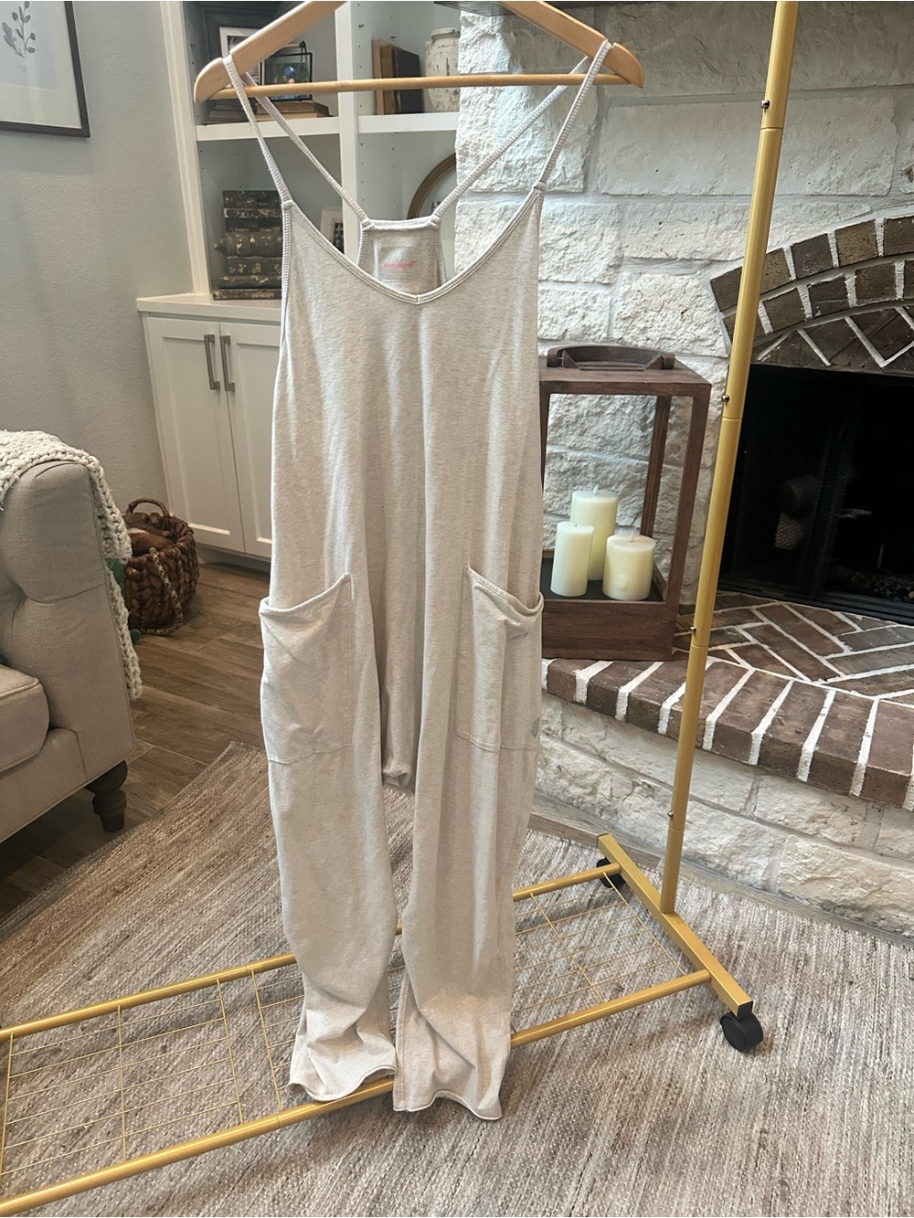 Free People Cream Relaxed Wide-Leg Romper with Pockets